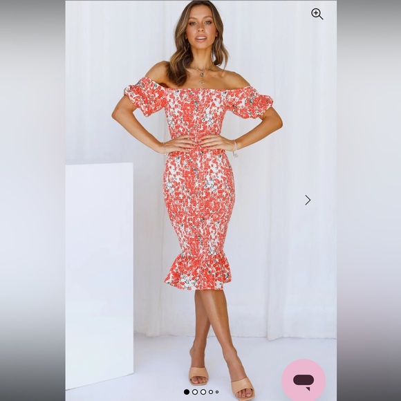 🪸 HELLO MOLLY Haven View Midi Dress Orange. Off the Shoulder. Ruched. MEDIUM - Picture 4 of 9